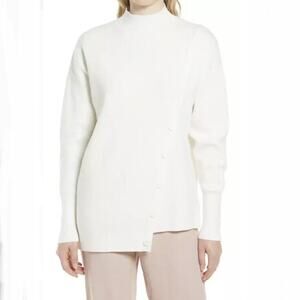 Halogen NWOT Women Asymmetric Button Mix Stitch Ribbed Mock Neck Sweater Ivory L